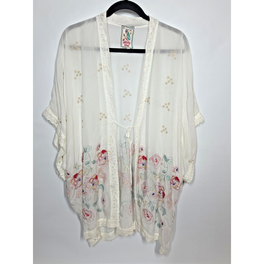 Johnny Was ELIJAH White Short Sleeve Floral Embroider Kimono Robe SMALL Eyelet *